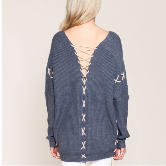 ❄️BLUE MOHAIR BLEND LACE UP SWEATER - Picture 5 of 9